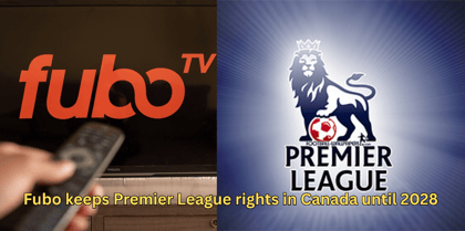 on the right, remote with fubo tv logo and on the left, premier league logo